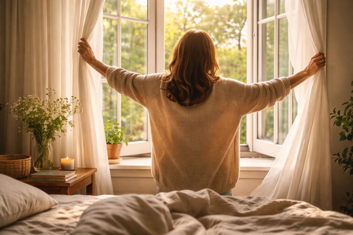 Mujer adulta abriendo las ventanas por la mañana mientras entra luz natural en una habitación sencilla