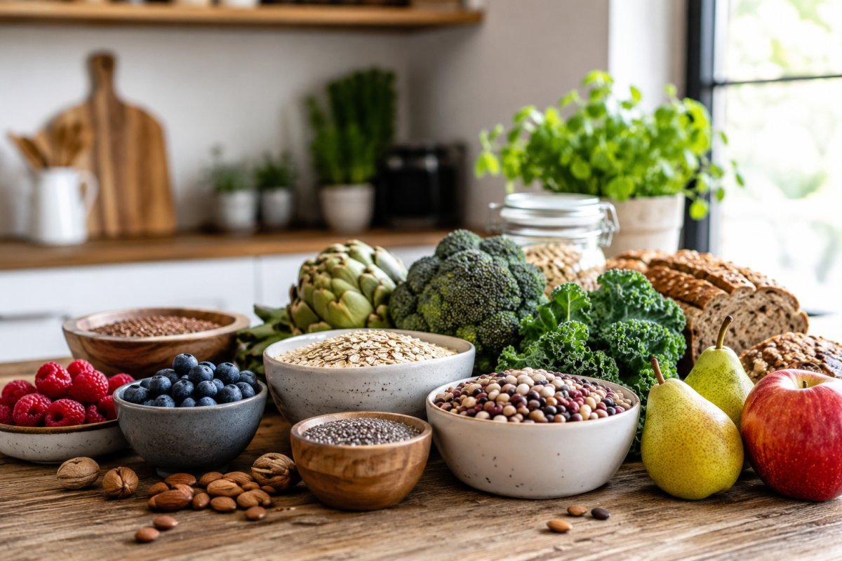 Un conjunto de alimentos ricos en fibra sobre una mesa de cocina