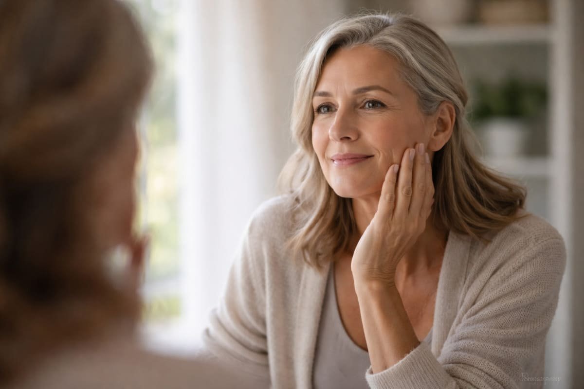 persona adulta frente al espejo con expresión serena y luz natural suave