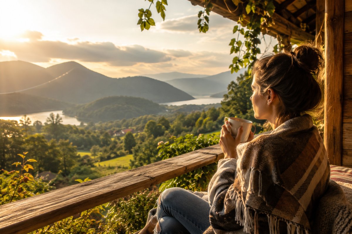 Una mujer contemplando un paisaje sereno con una taza de café en la mano