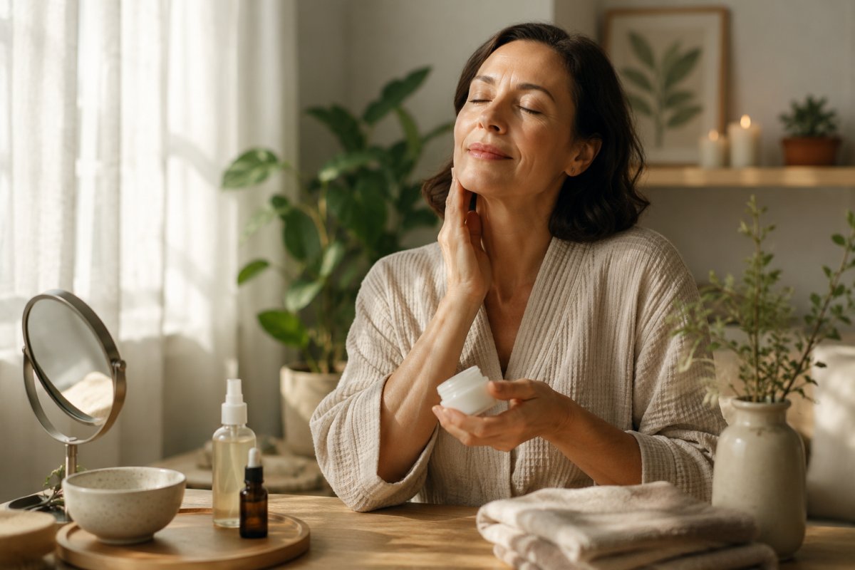 Una mujer madura disfrutando de un momento de autocuidado en casa con productos simples