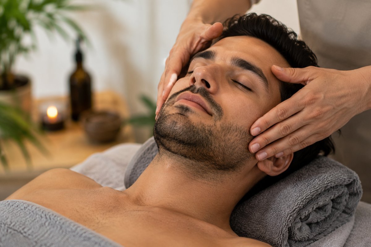 Hombre joven disfrutando de un masaje facial relajante