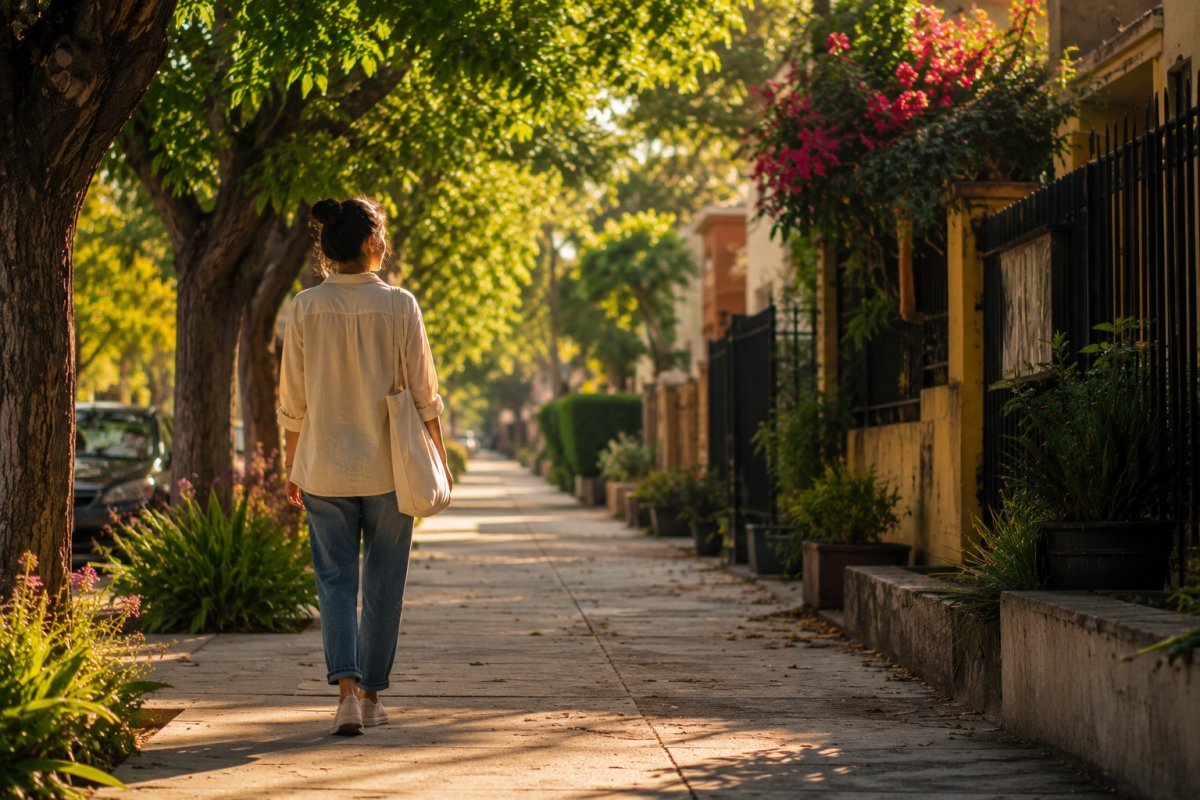 Una persona caminando con curiosidad por un tranquilo vecindario