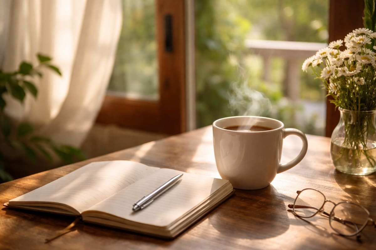 Taza de café sobre mesa iluminada por la mañana junto a libreta abierta y luz natural entrando por la ventana