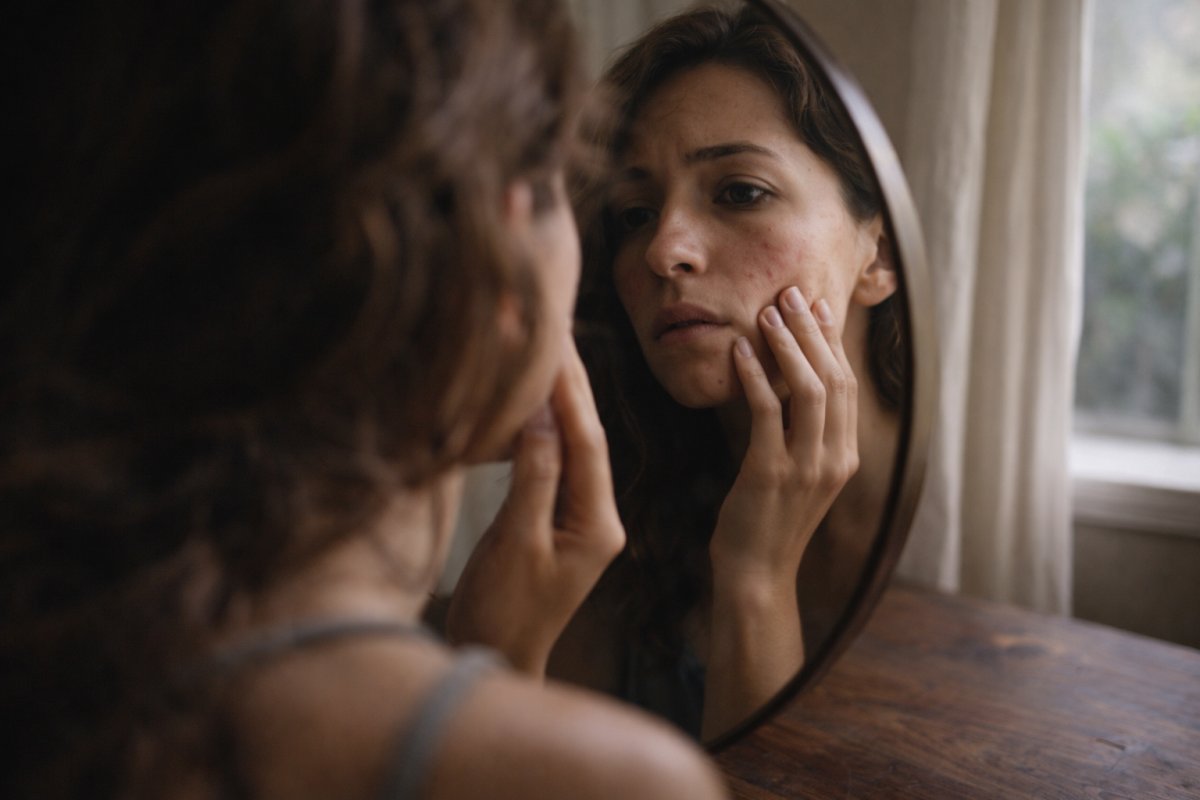 Espejo con reflejo de rostro con brotes leves mientras una mano toca la piel con preocupación bajo luz natural tenue