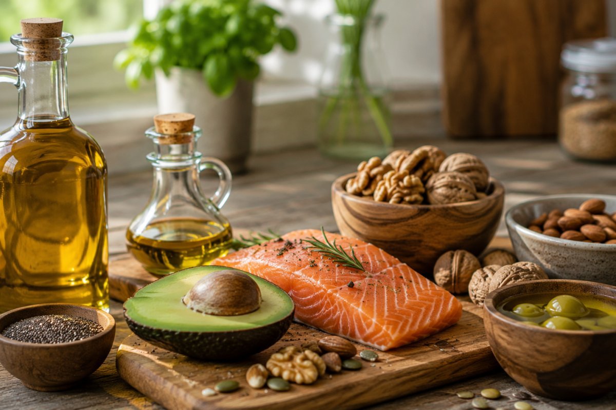Aceites naturales y alimentos ricos en grasas saludables sobre una mesa de cocina