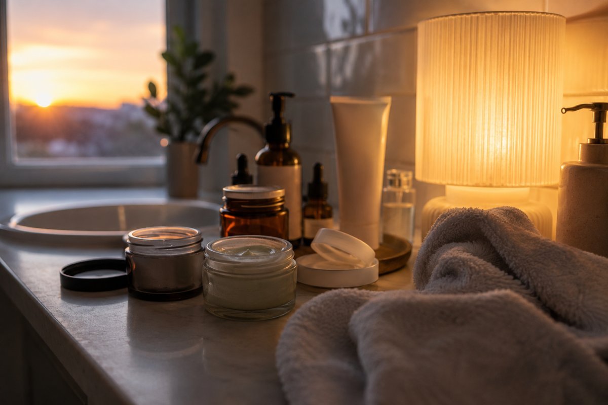 frascos de skincare abiertos junto a una toalla y una lámpara tenue mientras amanece en el baño