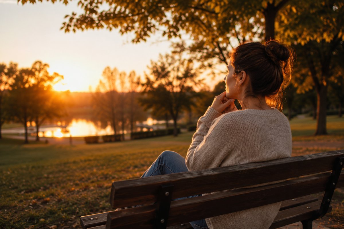 Una mujer reflexionando en un parque al atardecer