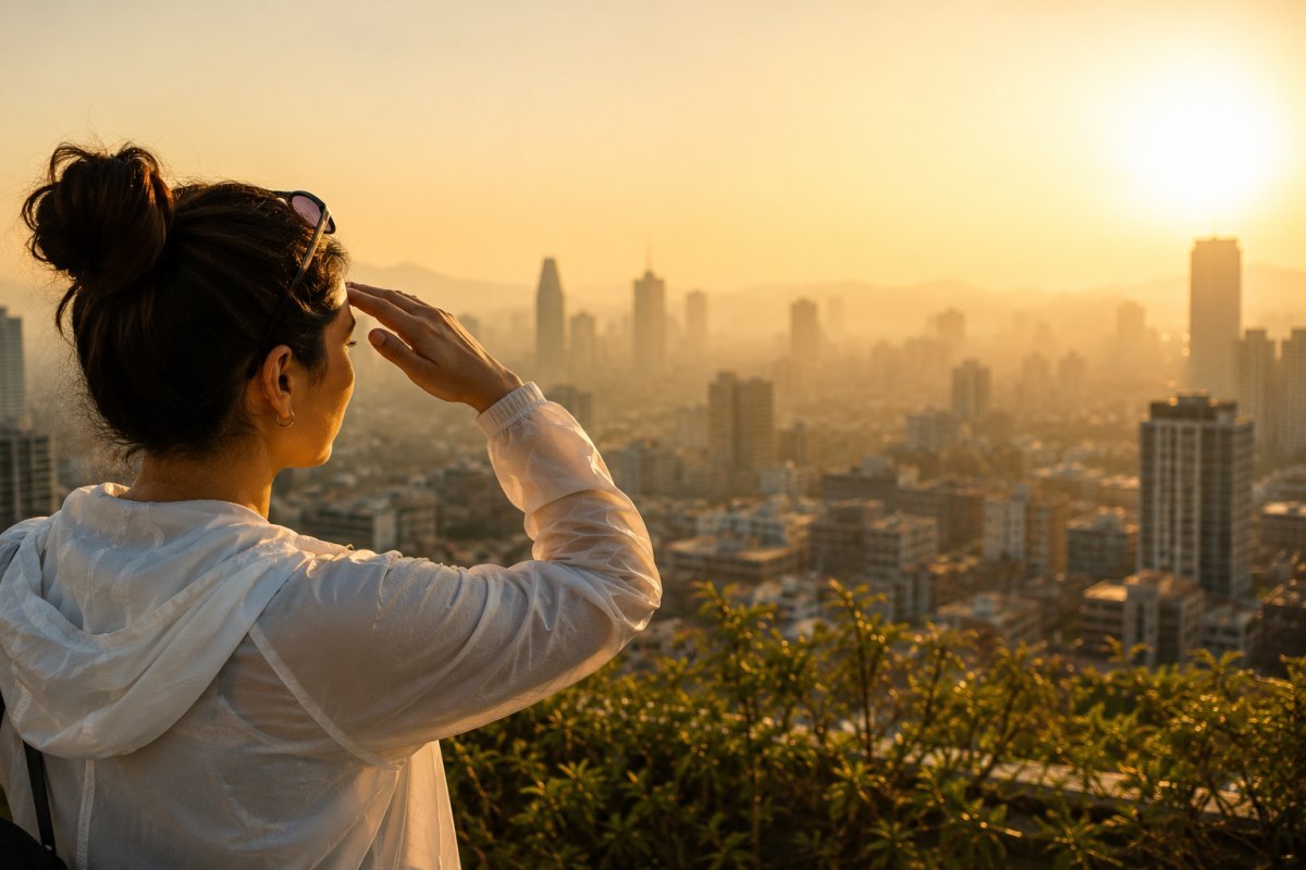 Vista de una ciudad bañada por el sol con un ligero smog