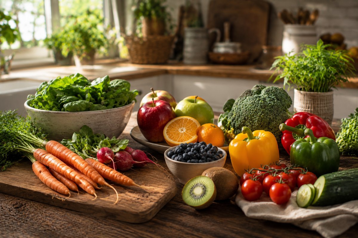 Frutas y verduras frescas en una mesa de cocina