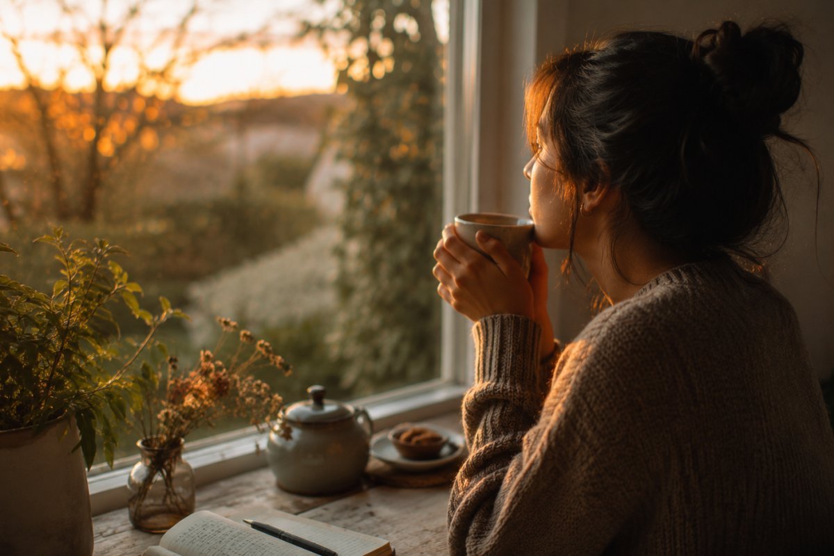 mujer reflexionando mientras toma una taza de té en una tarde tranquila