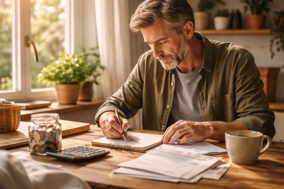 Hombre adulto revisando sus cuentas en una libreta junto a una mesa de madera con luz natural de tarde entrando por la ventana