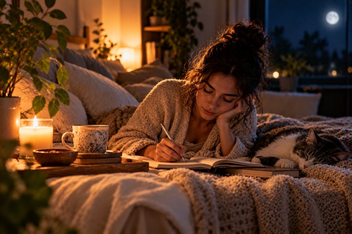 Persona escribiendo un diario nocturno en calma