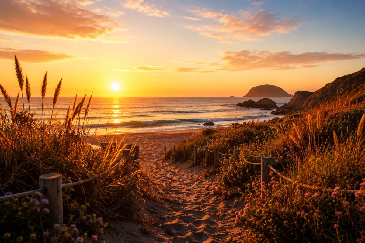 Un paisaje veraniego tranquilo con un atardecer cálido