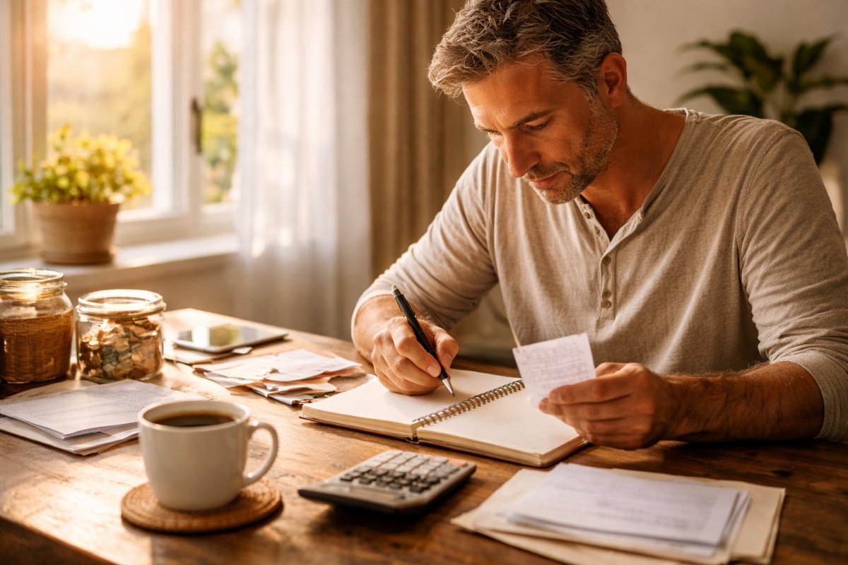 Hombre adulto revisando una libreta de gastos en una mesa con café mientras la luz de la mañana entra por la ventana