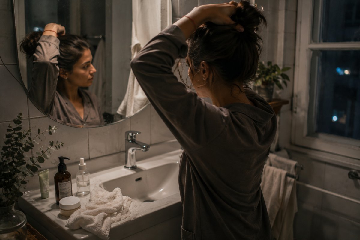 un lavabo con pocos productos de skincare usados junto a una toalla húmeda mientras una mujer adulta se recoge el cabello frente al espejo en una madrugada silenciosa