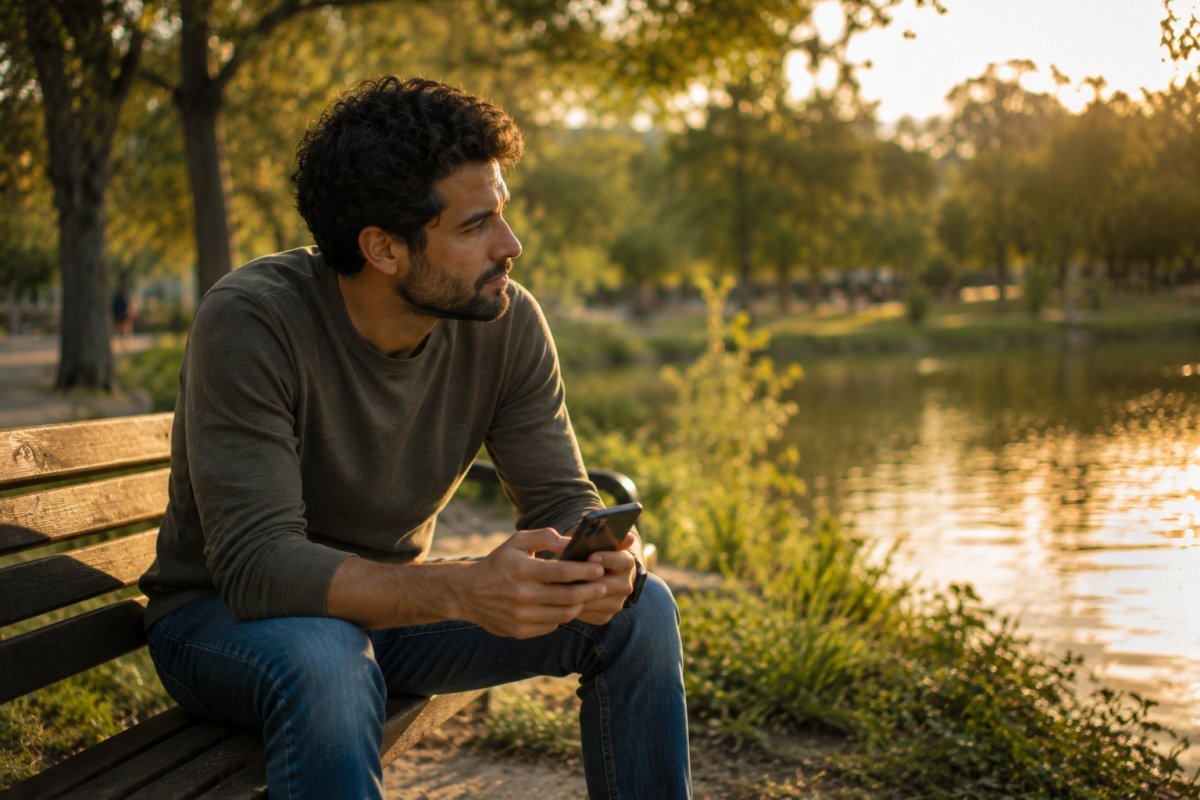 Un hombre reflexionando sobre su uso del teléfono en un parque tranquilo