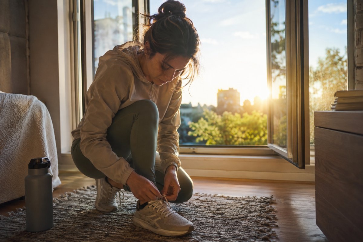 persona atándose los tenis junto a una ventana abierta antes de salir a caminar al amanecer