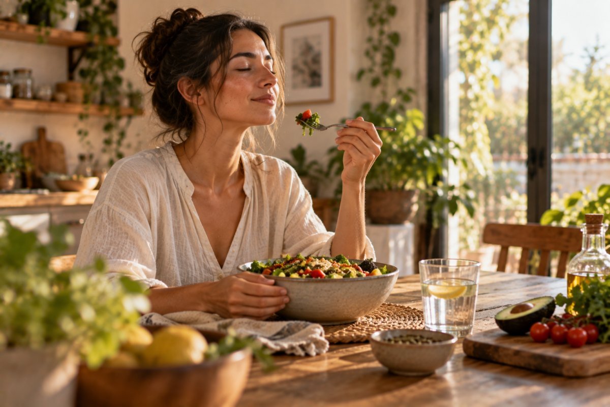 Persona practicando mindfulness y alimentación consciente