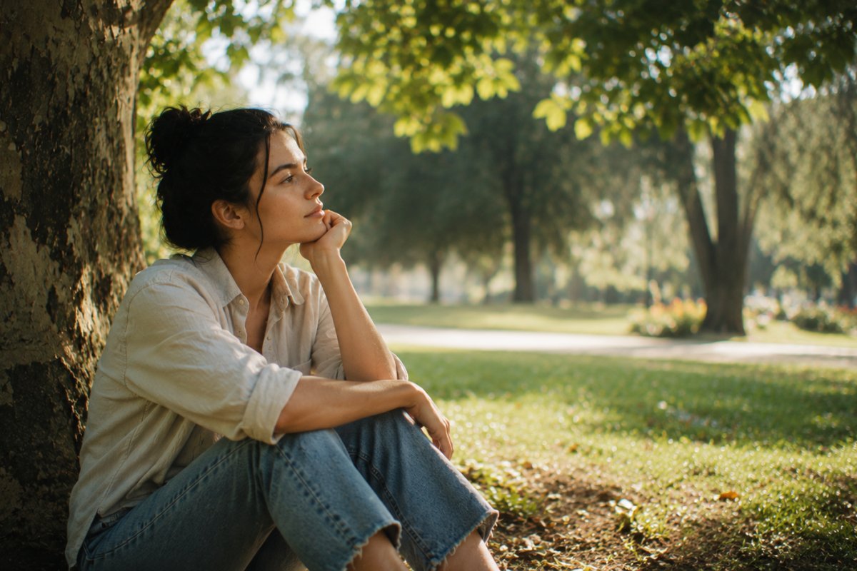 mujer reflexionando profundamente bajo un árbol en un parque