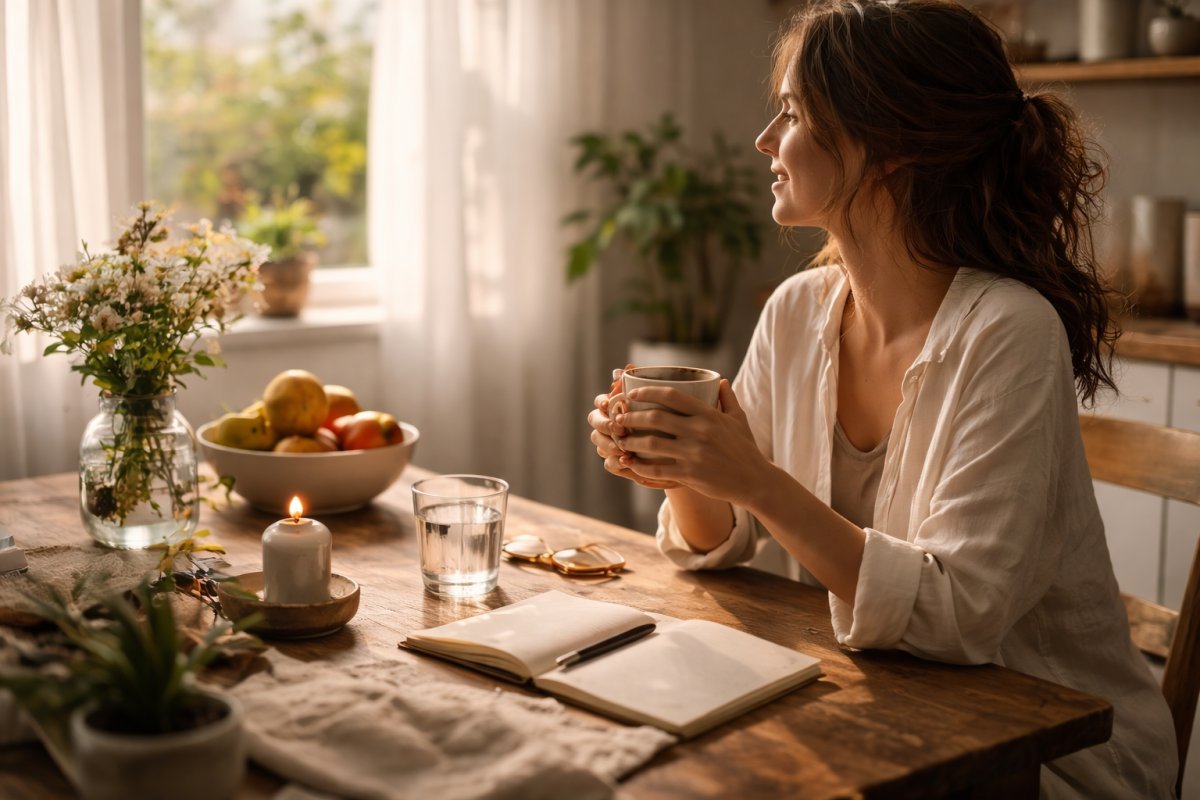 mujer en Mesa cotidiana con objetos simples iluminados por luz natural mientras el día avanza sin prisa
