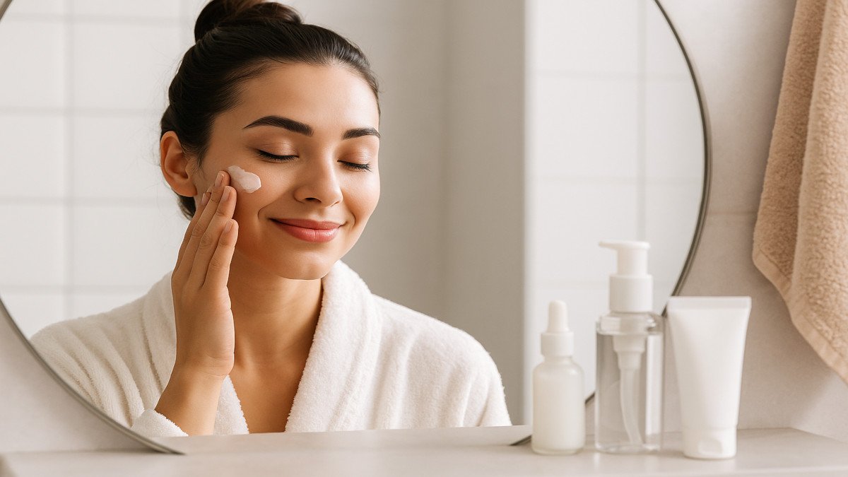 Mujer frente al espejo aplicando su rutina minimalista de cuidado facial con pocos productos