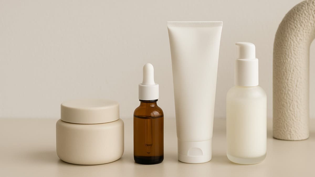 productos de cuidado facial con ingredientes reparadores sobre fondo minimalista, representando una barrera cutánea saludable