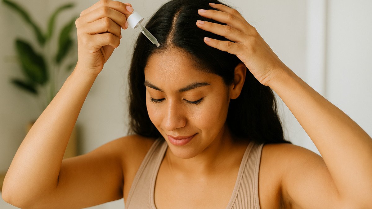 mujer latina cuidando su cuero cabelludo con productos clean naturales