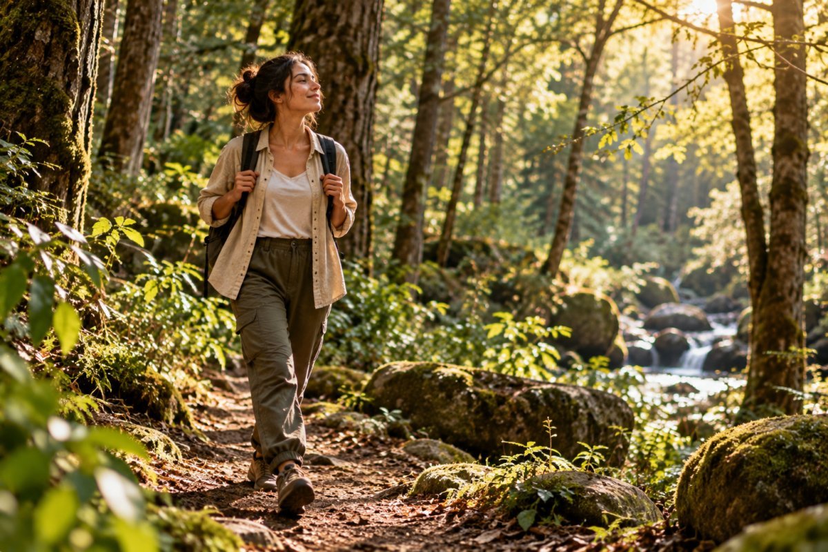 Persona disfrutando del mindful walking en un bosque