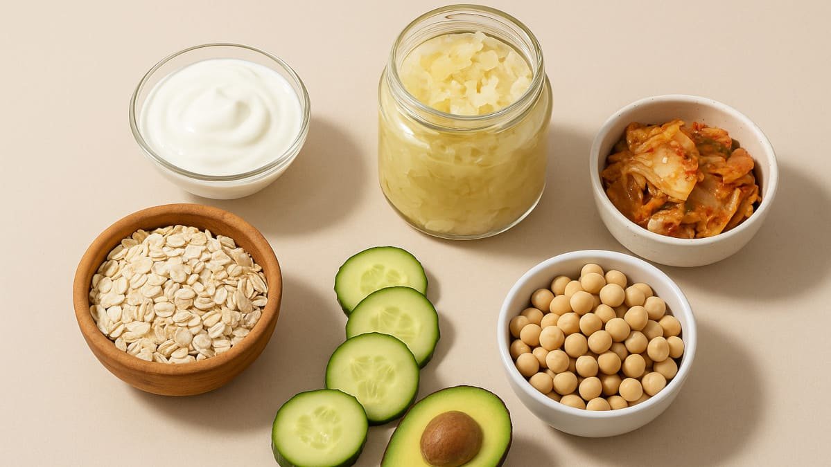 alimentos fermentados y fibras saludables organizados de forma minimalista para representar equilibrio intestinal