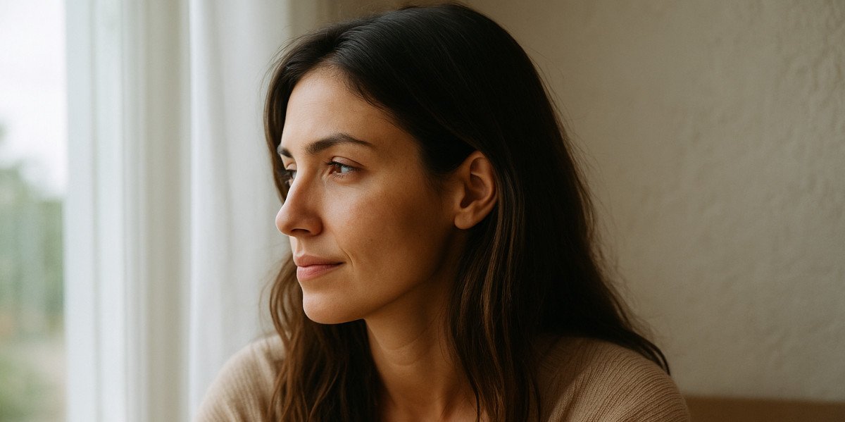 Mujer reflexiva con expresión serena mirando por la ventana, luz natural suave, ambiente cálido y tranquilo