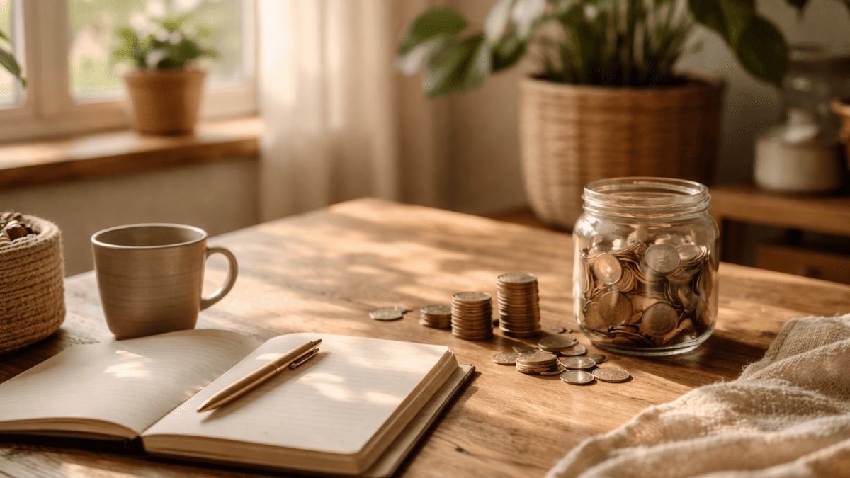 cuaderno y planta en espacio tranquilo de hogar