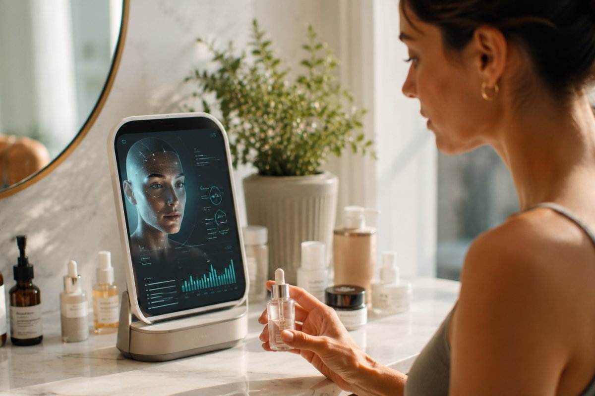 Un dispositivo de IA analizando productos de skincare en un tocador moderno