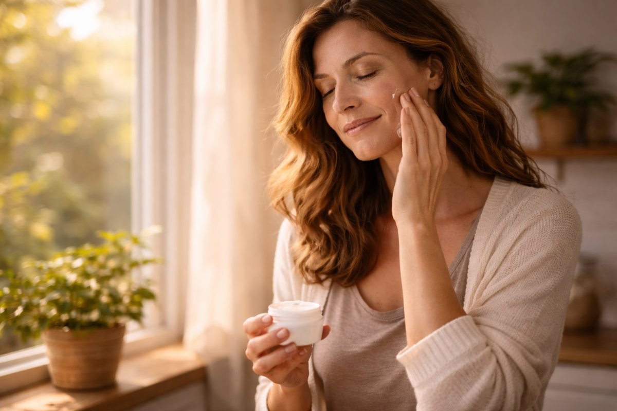 Mujer adulta aplicando una crema ligera frente a una ventana con luz natural suave