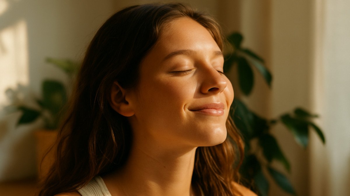 persona con piel luminosa en ambiente natural relajado