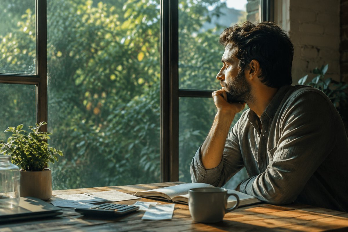 Un hombre reflexionando sobre sus decisiones financieras frente a una ventana