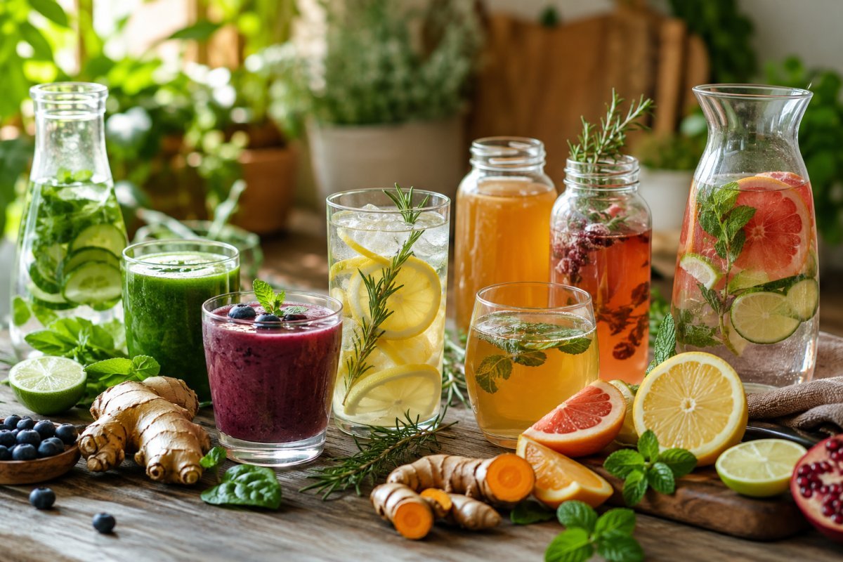 Variedad de bebidas funcionales en una mesa con frutas y hierbas