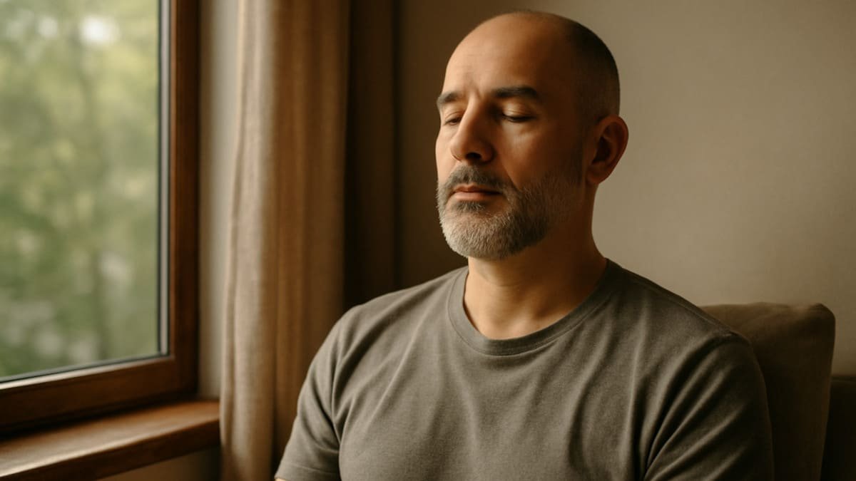 persona sentada en silencio cerca de una ventana respirando profundamente