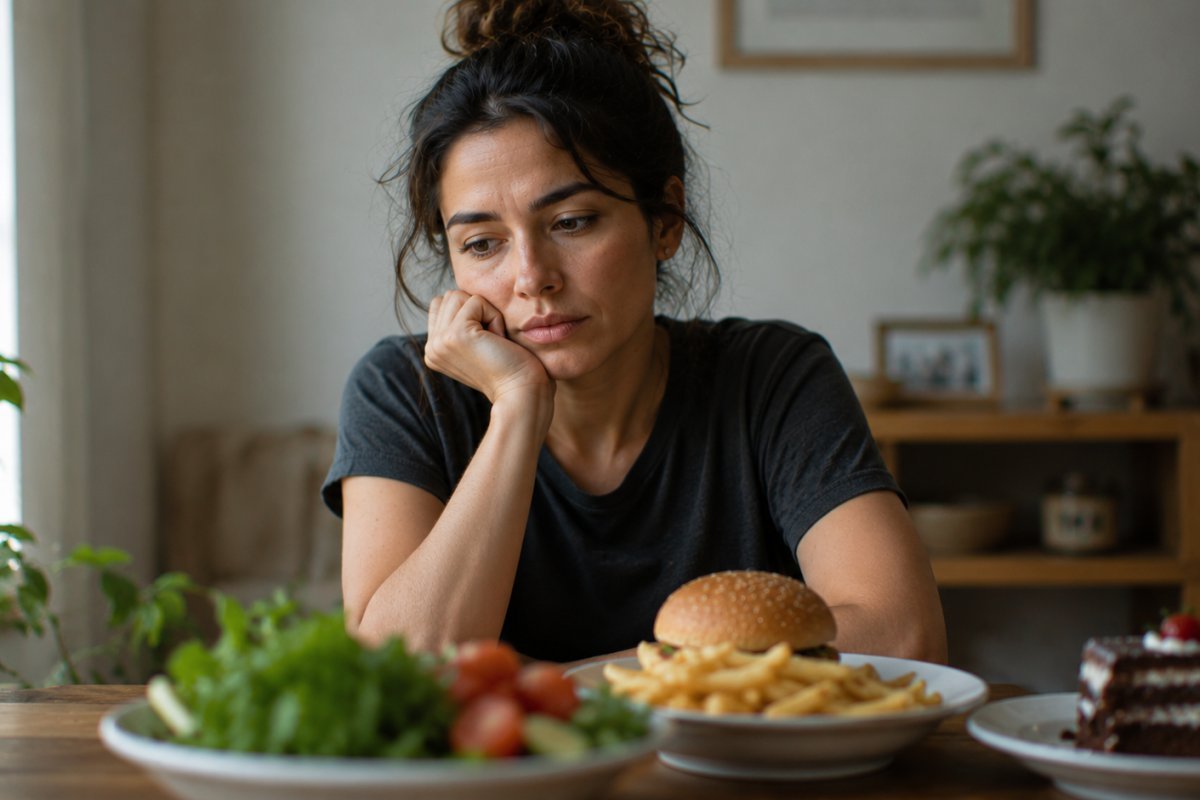 Una persona reflexionando frente a una mesa con comida