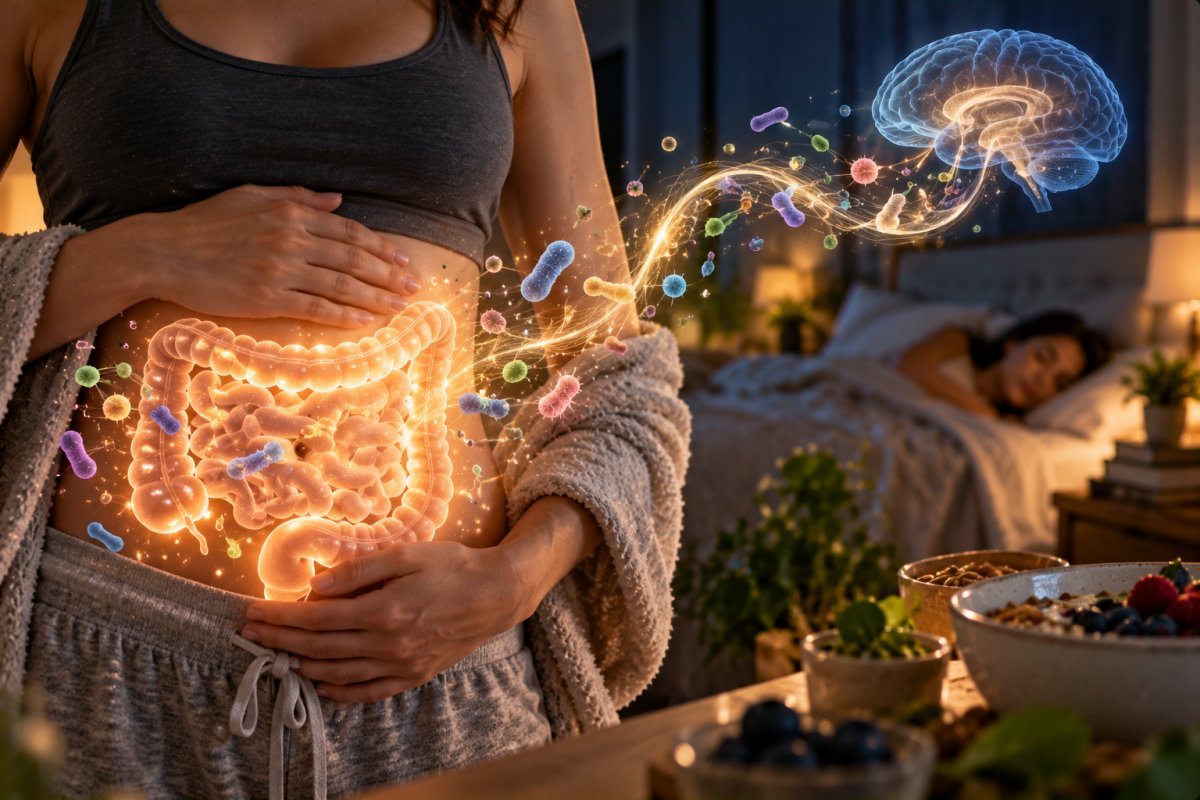 Ilustración del microbioma intestinal y su conexión con el insomnio
