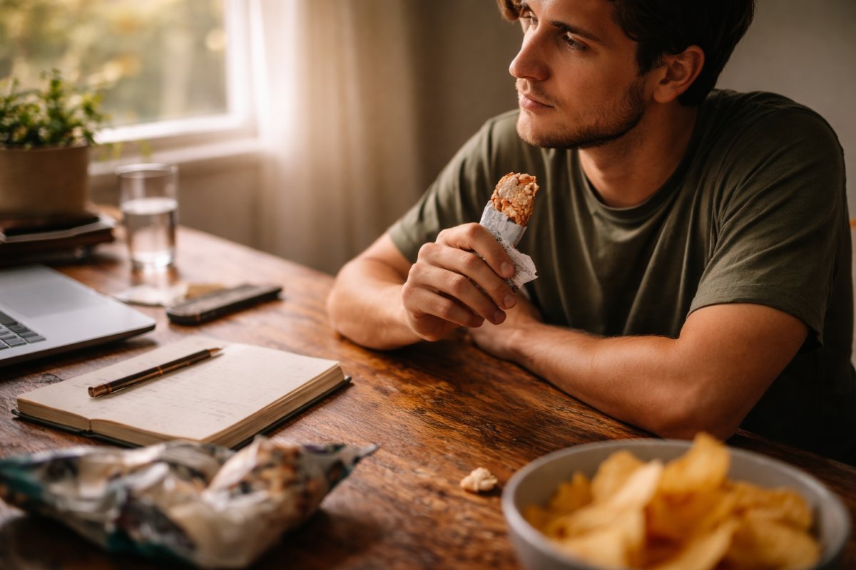 hombre joven sosteniendo un snack frente a una mesa desordenada mientras la mirada se pierde en pensamientos lejos de la comida