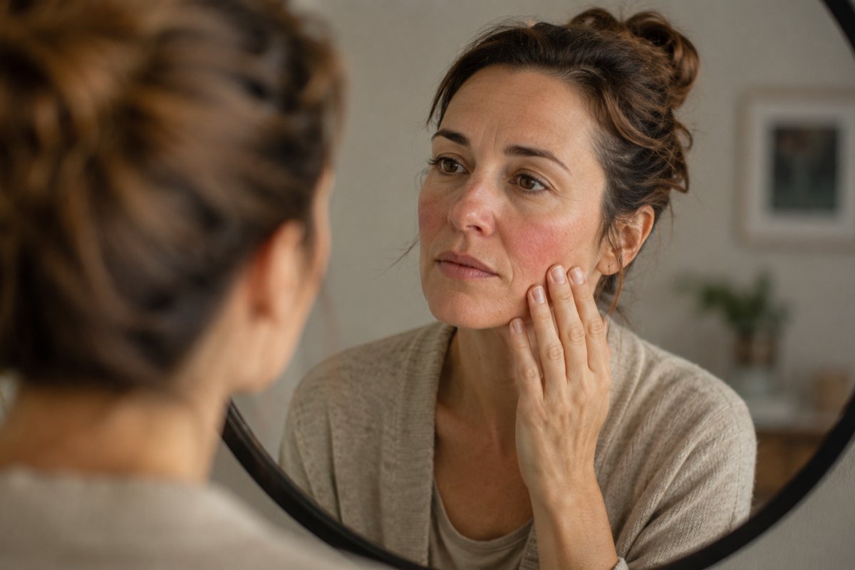 mujer en sus 40s reflexiona mientras toca su mejilla enrojecida