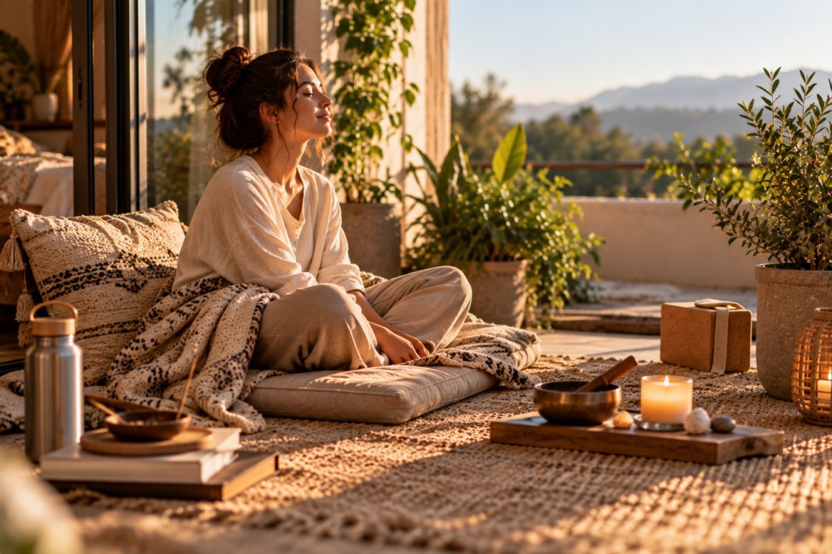 Mujer relajada disfrutando de su espacio de meditación portátil