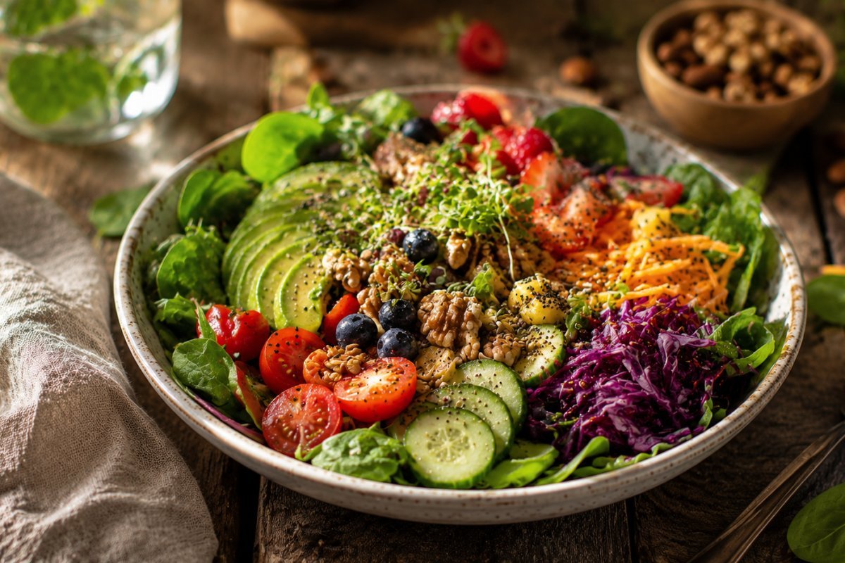 Un colorido plato de ensalada con frutas y verduras frescas