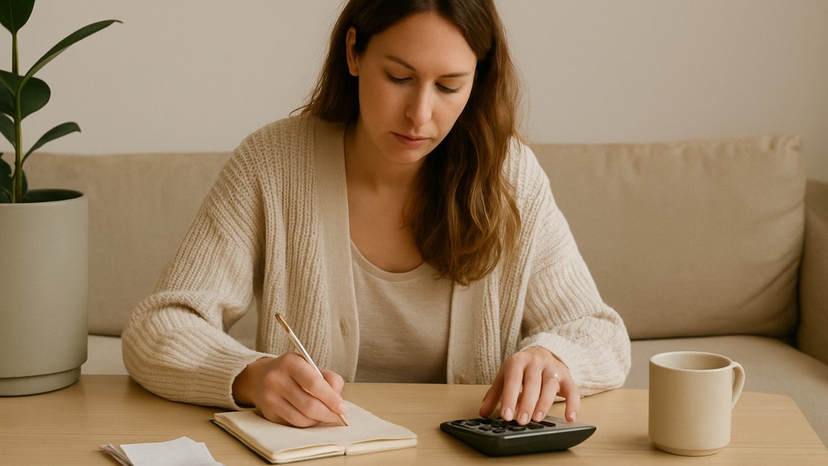 mujer organizando su presupuesto en un espacio calmado