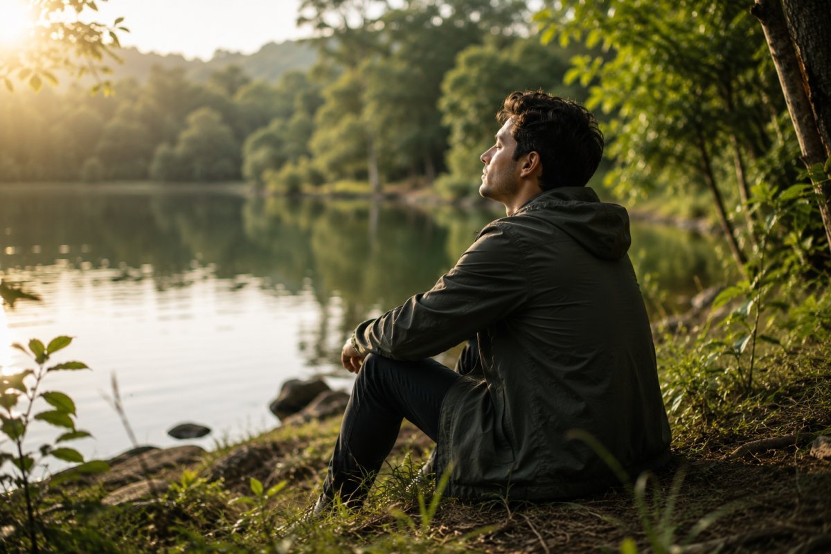 Un hombre joven disfrutando de la naturaleza en silencio