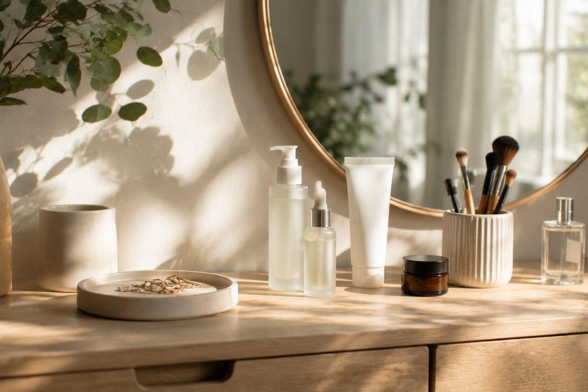 Un tocador minimalista con productos esenciales de belleza