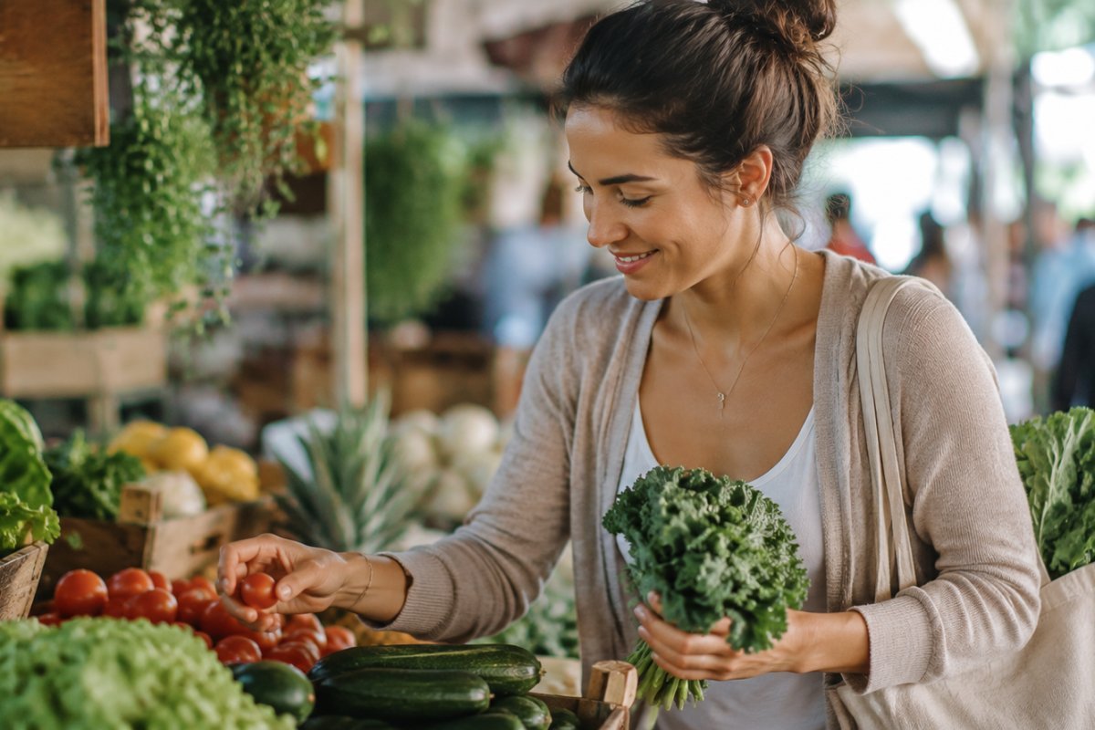 Una mujer joven eligiendo alimentos frescos en un mercado