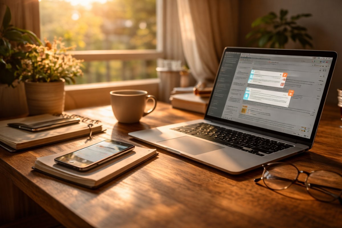 Escritorio con laptop encendida y teléfono vibrando mientras entra luz natural por la ventana al atardecer