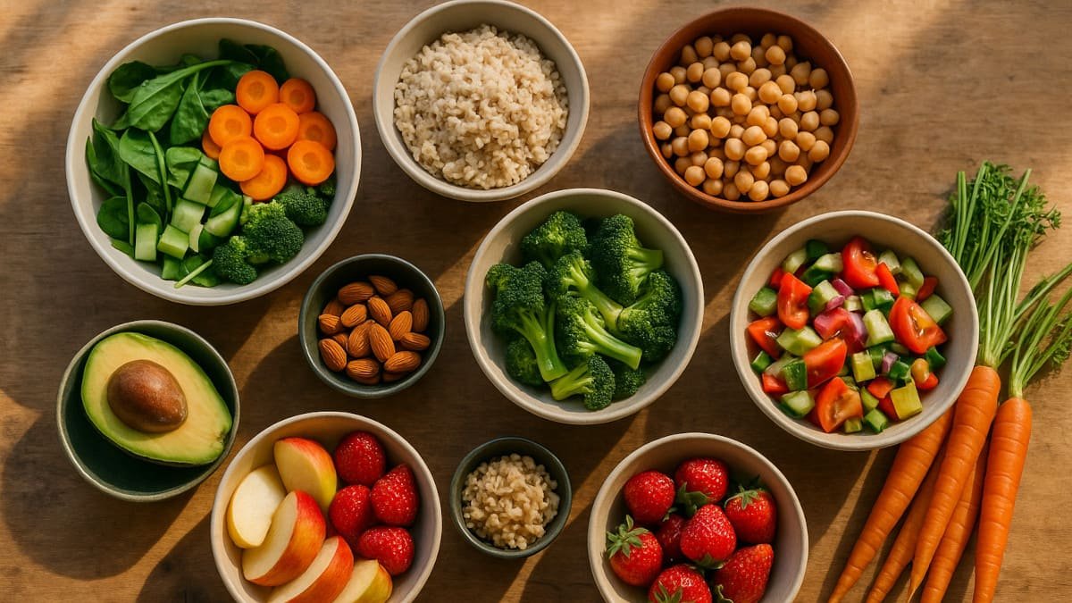 alimentos frescos y coloridos organizados para un menu semanal equilibrado